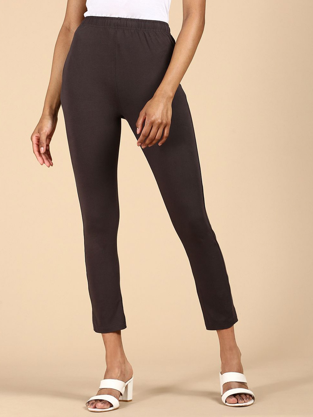 

De Moza Women Slim Fit Mid-Rise Cotton Trousers, Grey melange