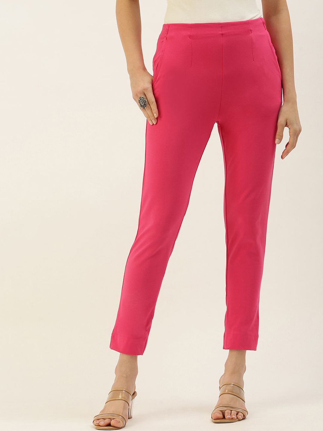 

De Moza Women Slim Fit Mid-Rise Cropped Cotton Cigarette Trousers, Pink