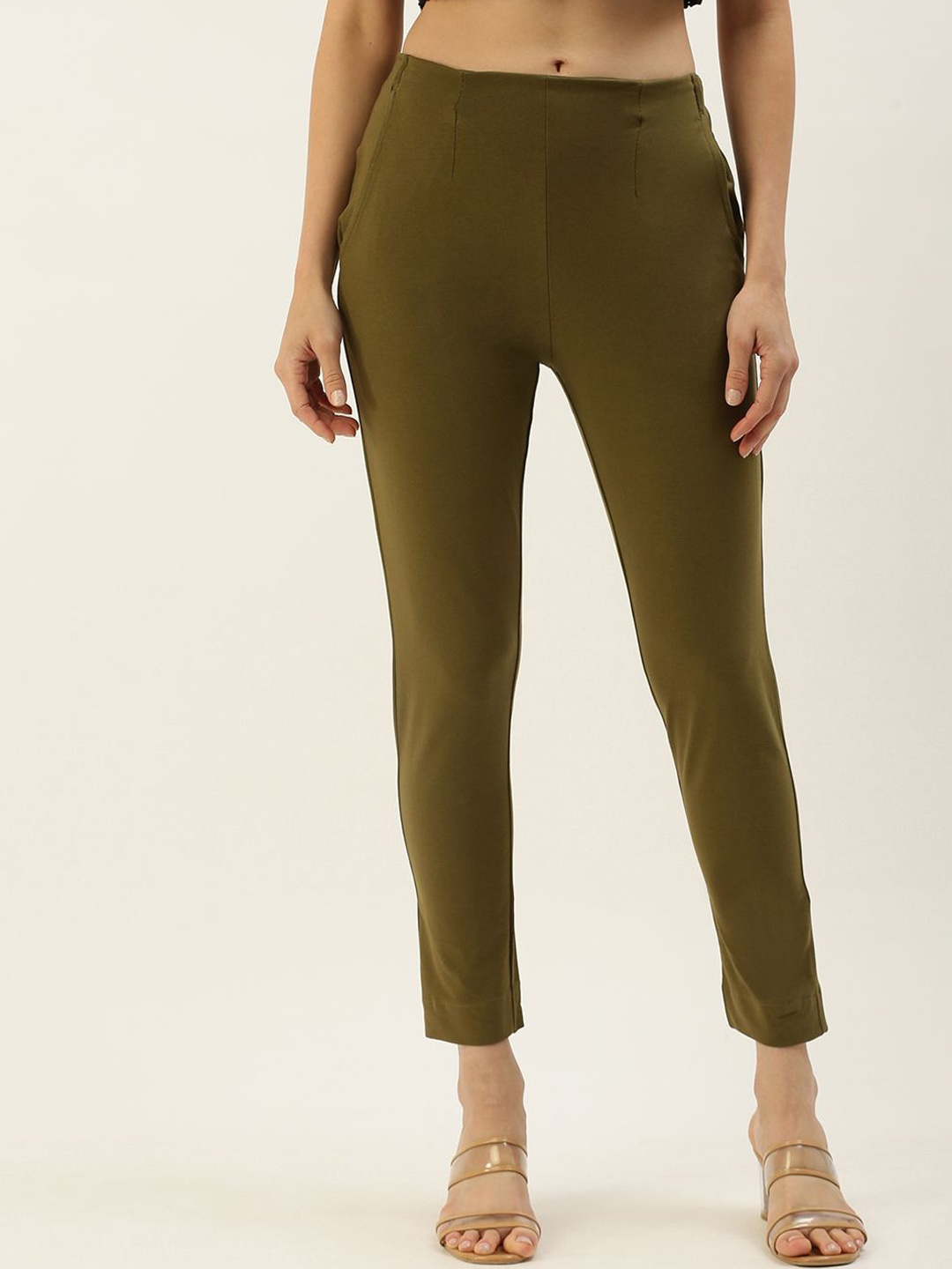 

De Moza Women Slim Fit Mid-Rise Cropped Cotton Cigarette Trousers, Olive