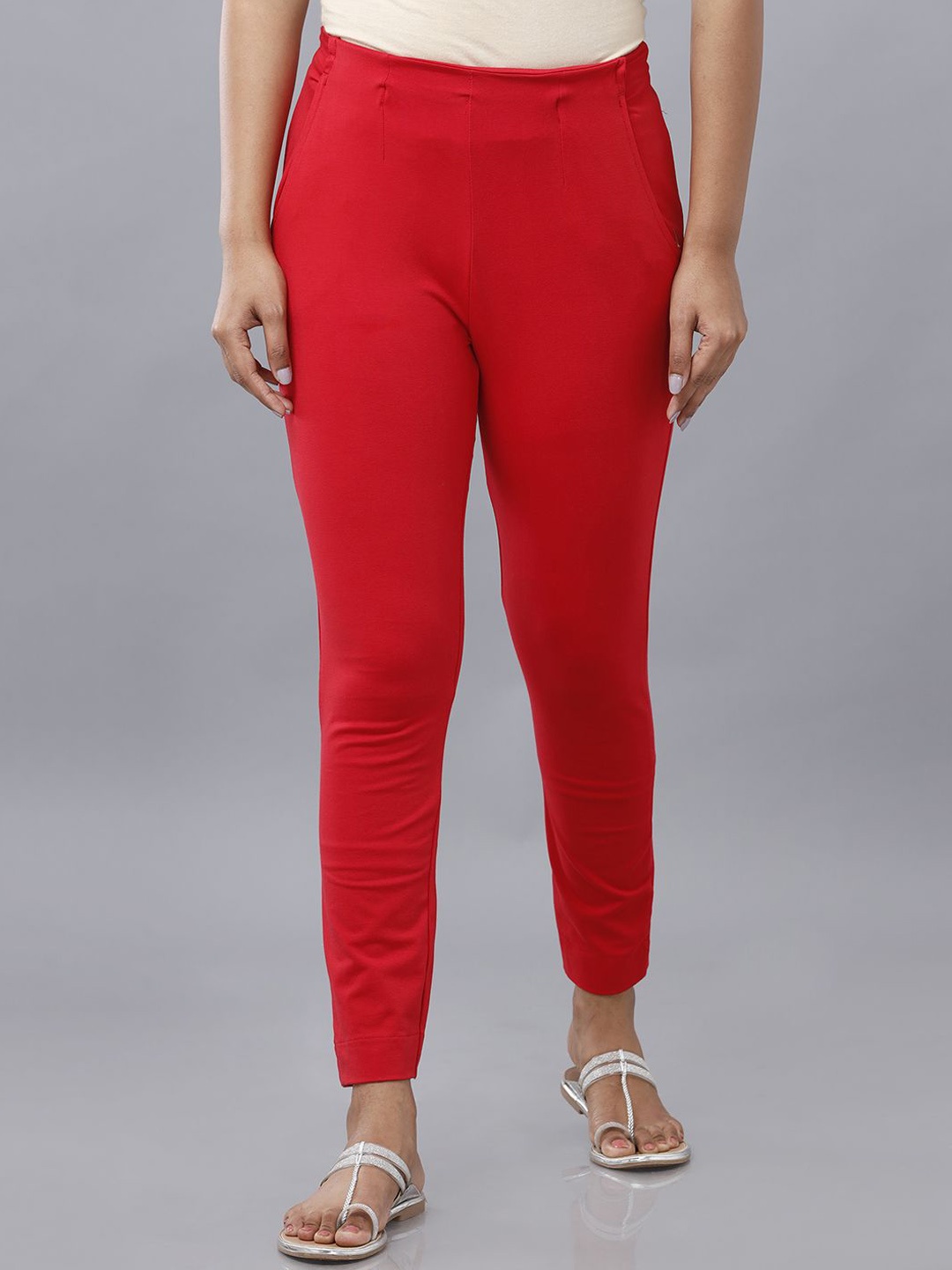 

De Moza Women Slim Fit Mid-Rise Cotton Trousers, Red