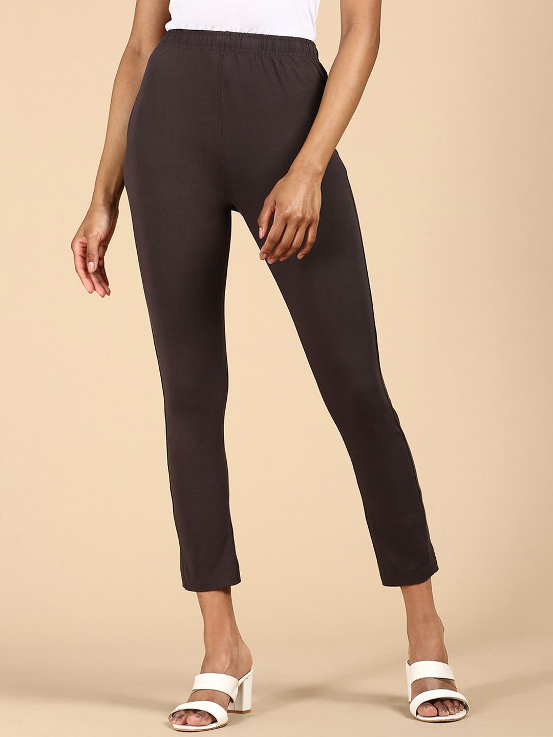

De Moza Women Slim Fit Mid-Rise Cotton Trousers, Grey melange