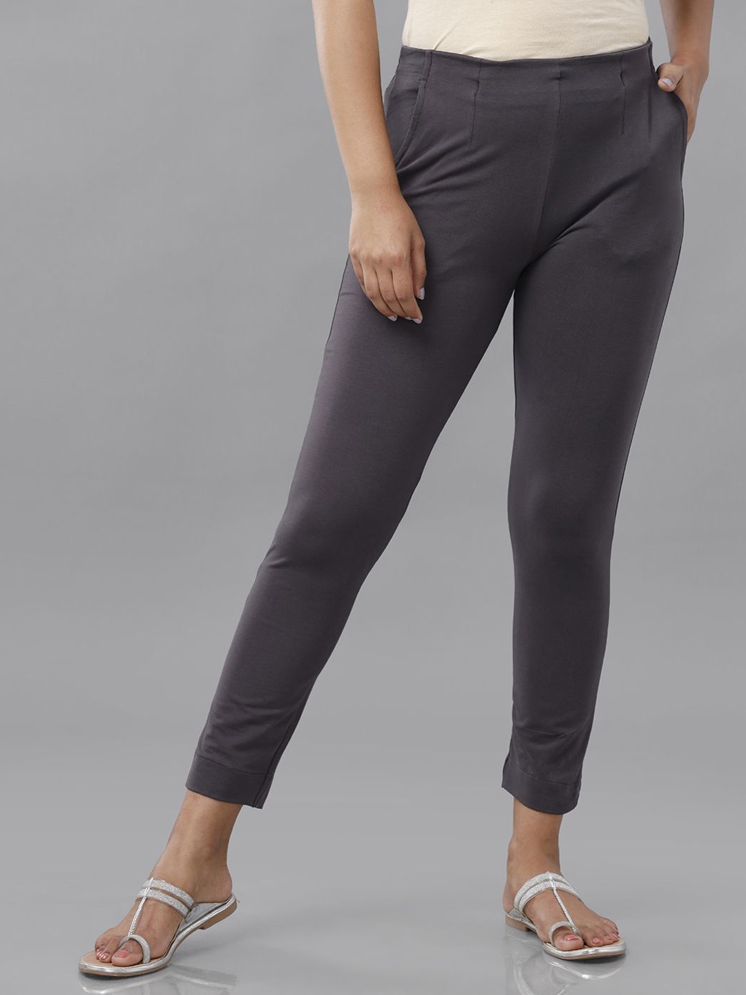 

De Moza Women Slim Fit Mid-Rise Cropped Cotton Cigarette Trousers, Grey melange