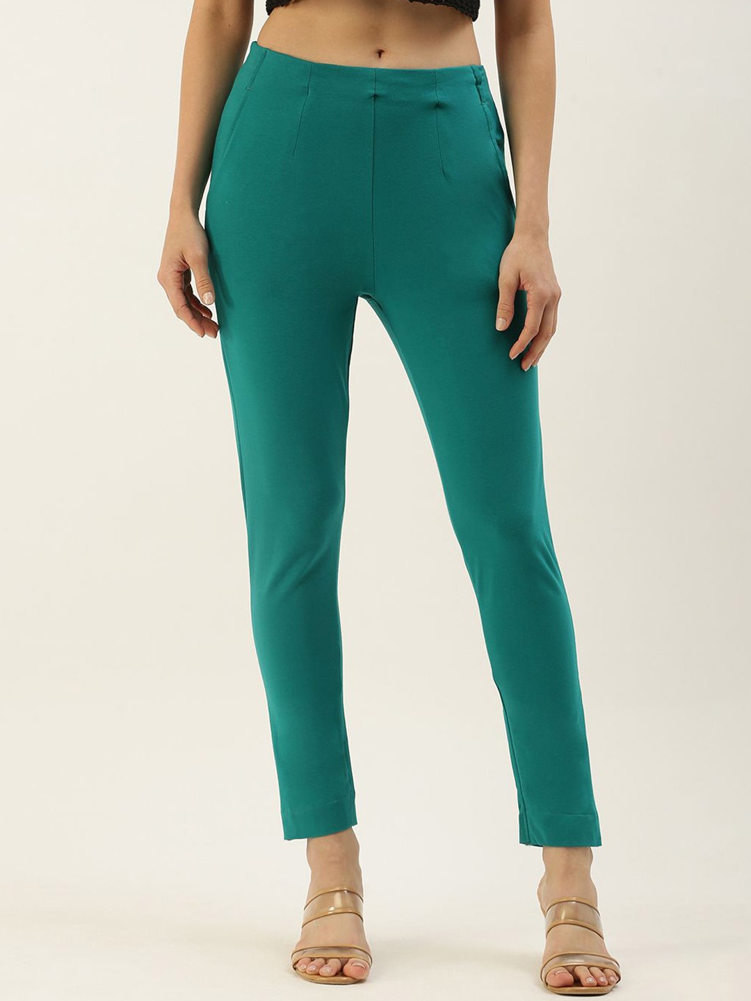 

De Moza Women Slim Fit Cropped Cotton Cigarette Trousers, Sea green