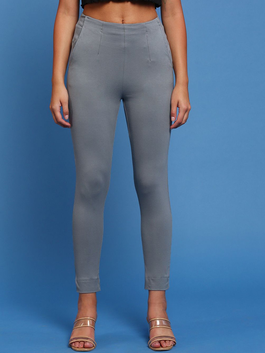

De Moza Women Slim Fit Mid-Rise Cropped Cotton Cigarette Trousers, Grey