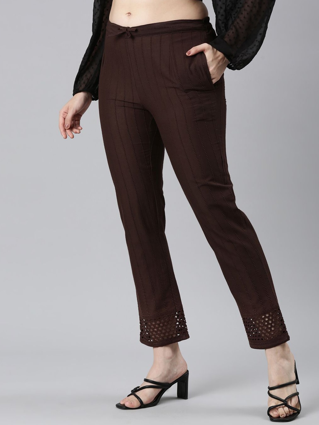 

Souchii Women Smart Straight Mid-Rise Easy Wash Cigarette Trousers, Brown