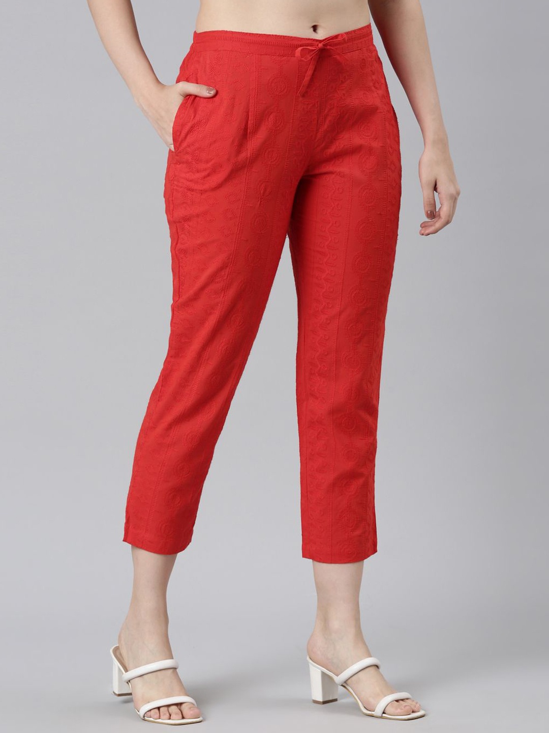 

Souchii Women Embroidered Floral Smart Straight Fit Mid-Rise Easy Wash Trousers, Red