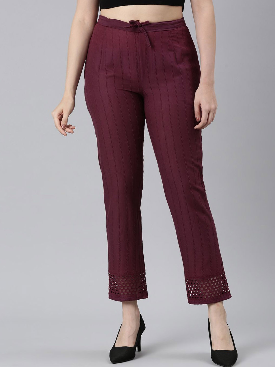 

Souchii Women Smart Straight Mid-Rise Easy Wash Cigarette Trousers, Burgundy