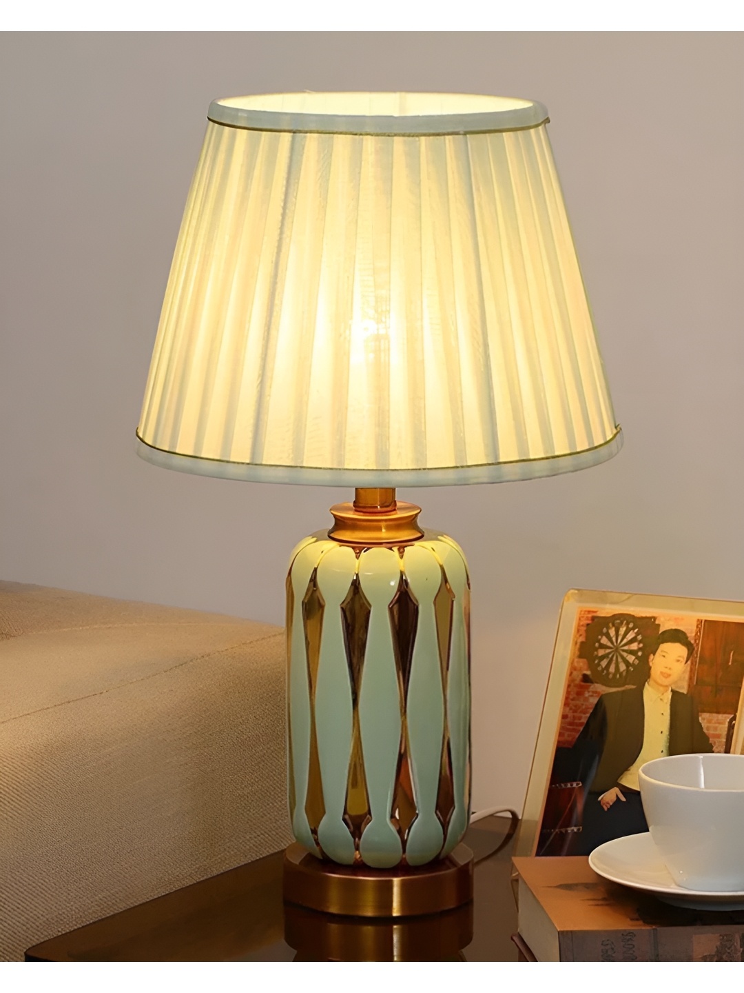 

THEDECORKART Green Textured Ceramic Quirky Frustum Shaped Table Lamp