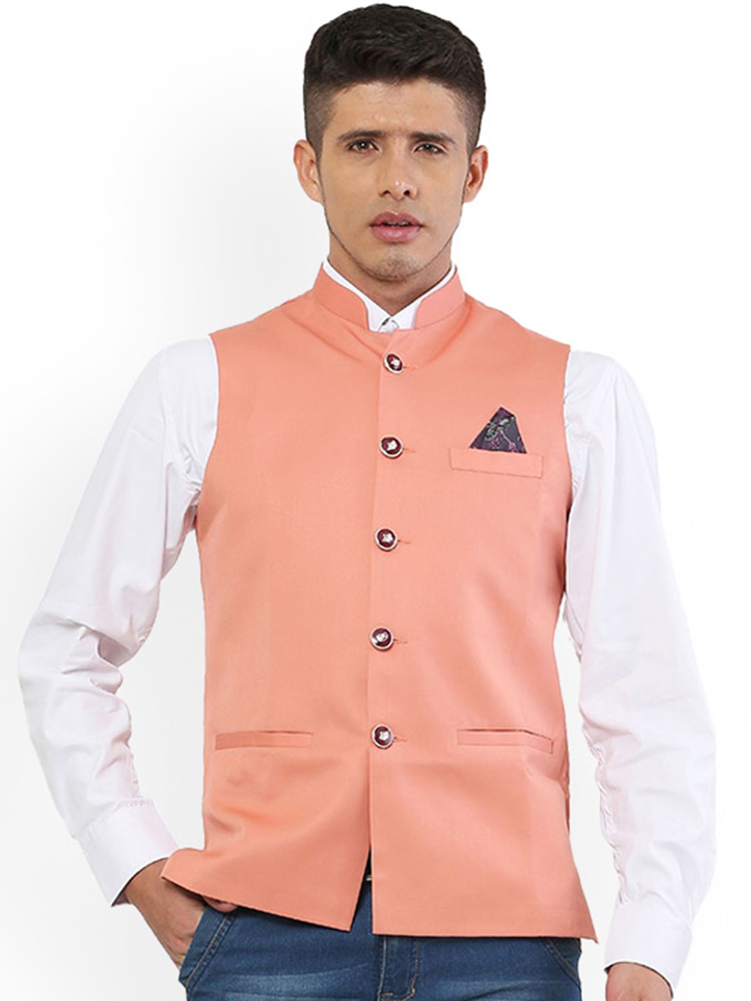 

REFULGENT Mandarin Collar Sleeveless Nehru Jacket, Peach