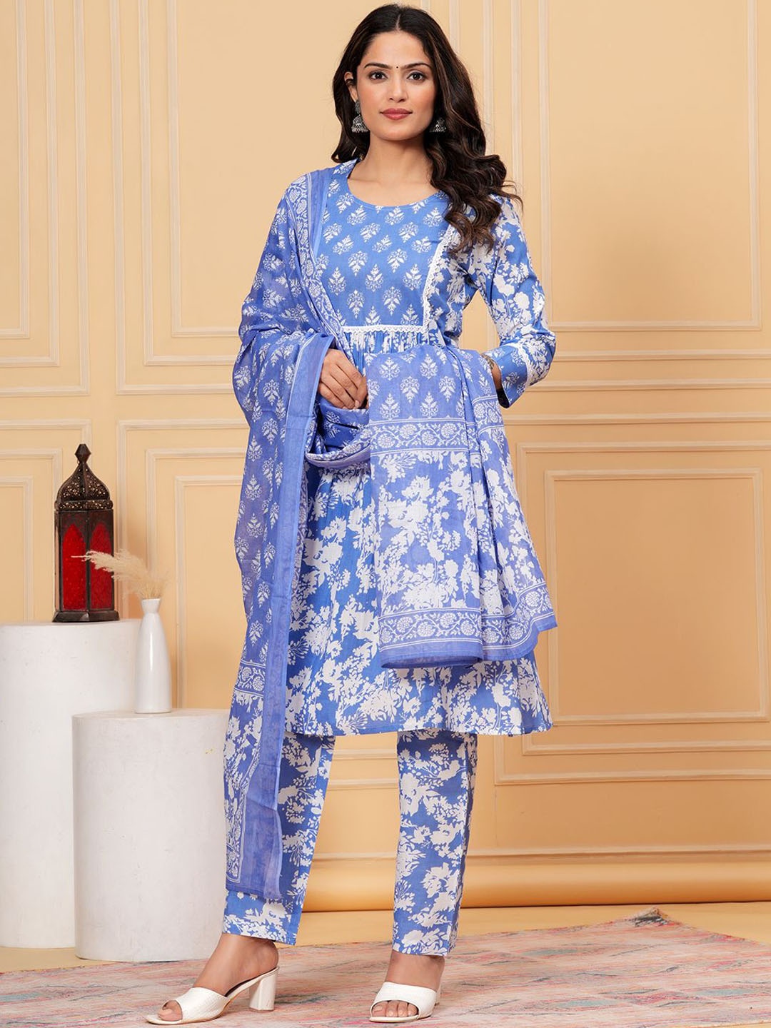 

KALINI Floral Printed Tiered Pure Cotton Kurta with Trousers & Dupatta, Blue
