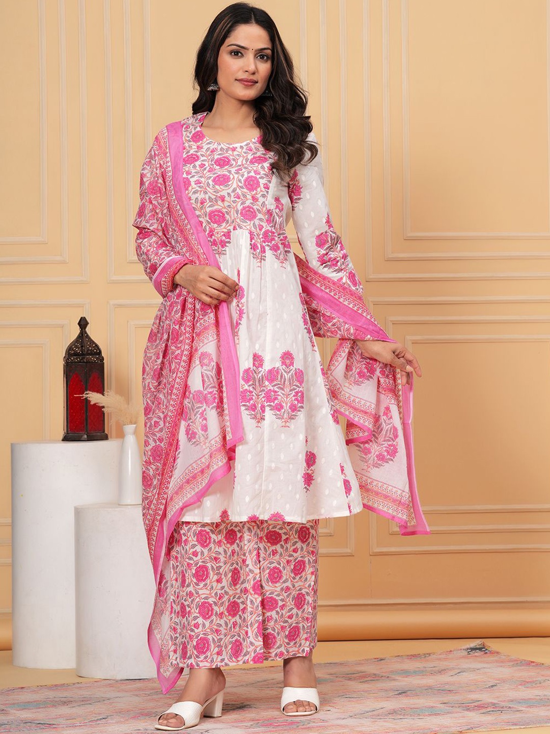 

KALINI Floral Printed Round Neck Pure Cotton Kurta with Palazzos & Dupatta, Pink