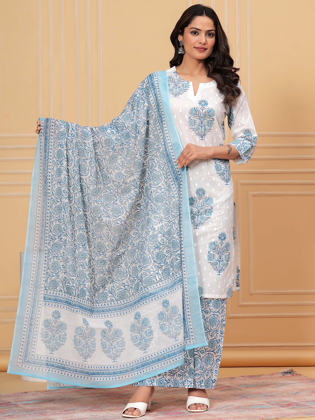 

KALINI Floral Printed Notched Neck Pure Cotton Straight Kurta with Trousers & Dupatta, Blue