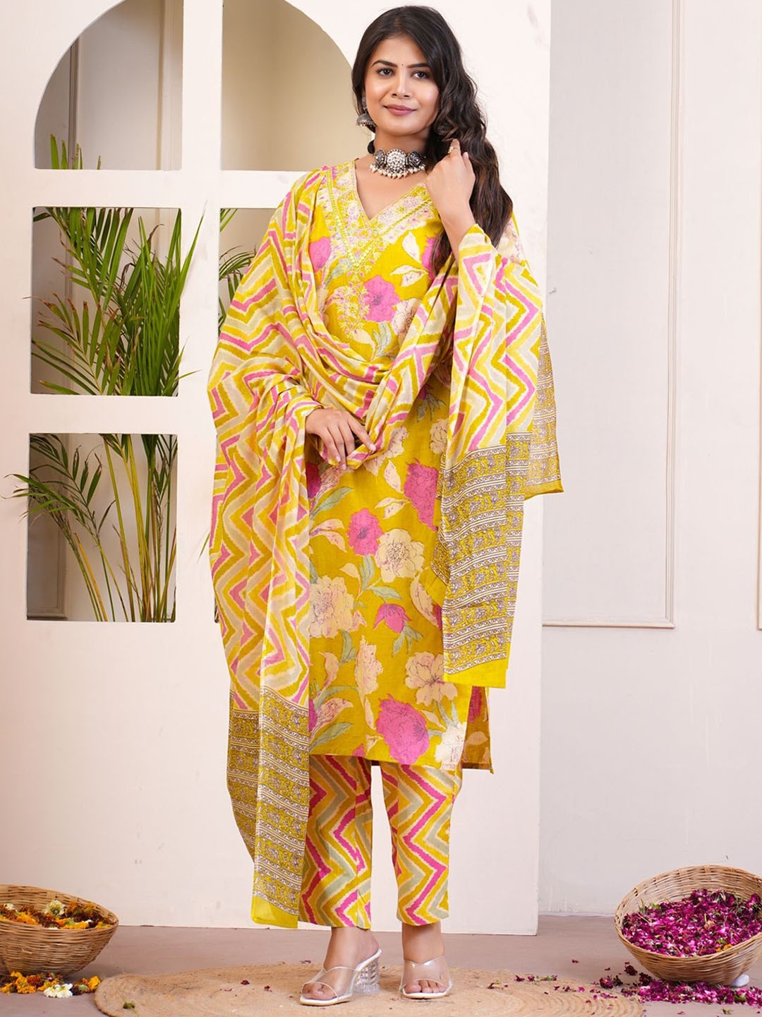 

KALINI Floral Printed Thread Work Pure Cotton Kurta with Trousers & Dupatta, Yellow