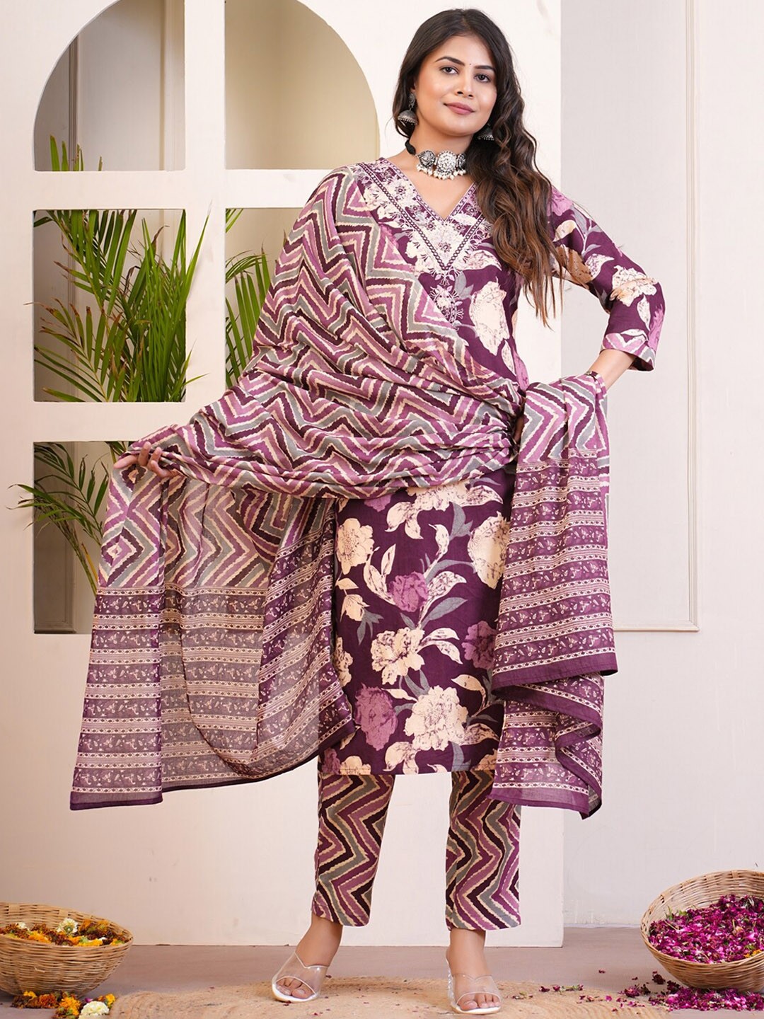 

KALINI Printed V-Neck Thread Work Pure Cotton Straight Kurta With Trousers & Dupatta, Purple