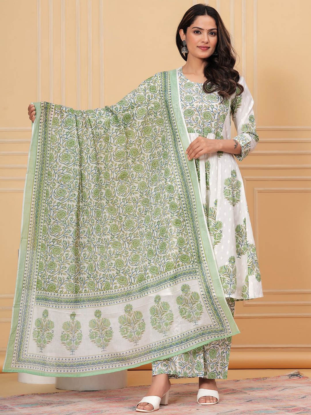 

KALINI Floral Printed Regular Pure Cotton Kurta with Trousers & Dupatta, Green