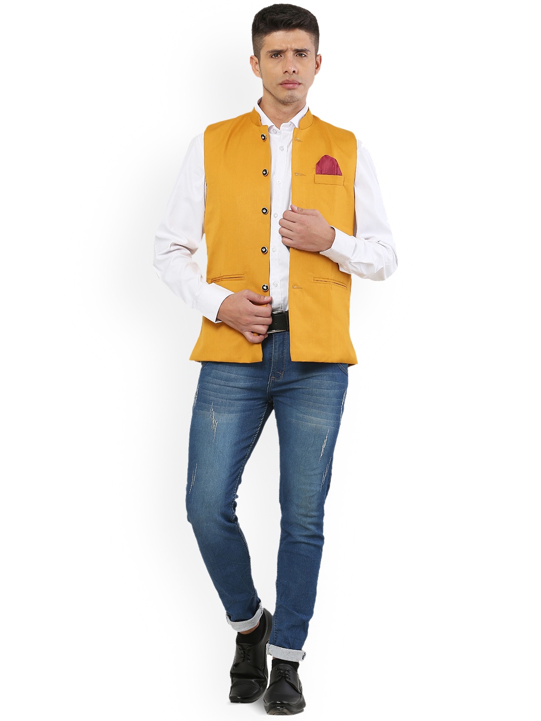 

REFULGENT Mandarin Collar Sleeveless Nehru Jacket, Mustard