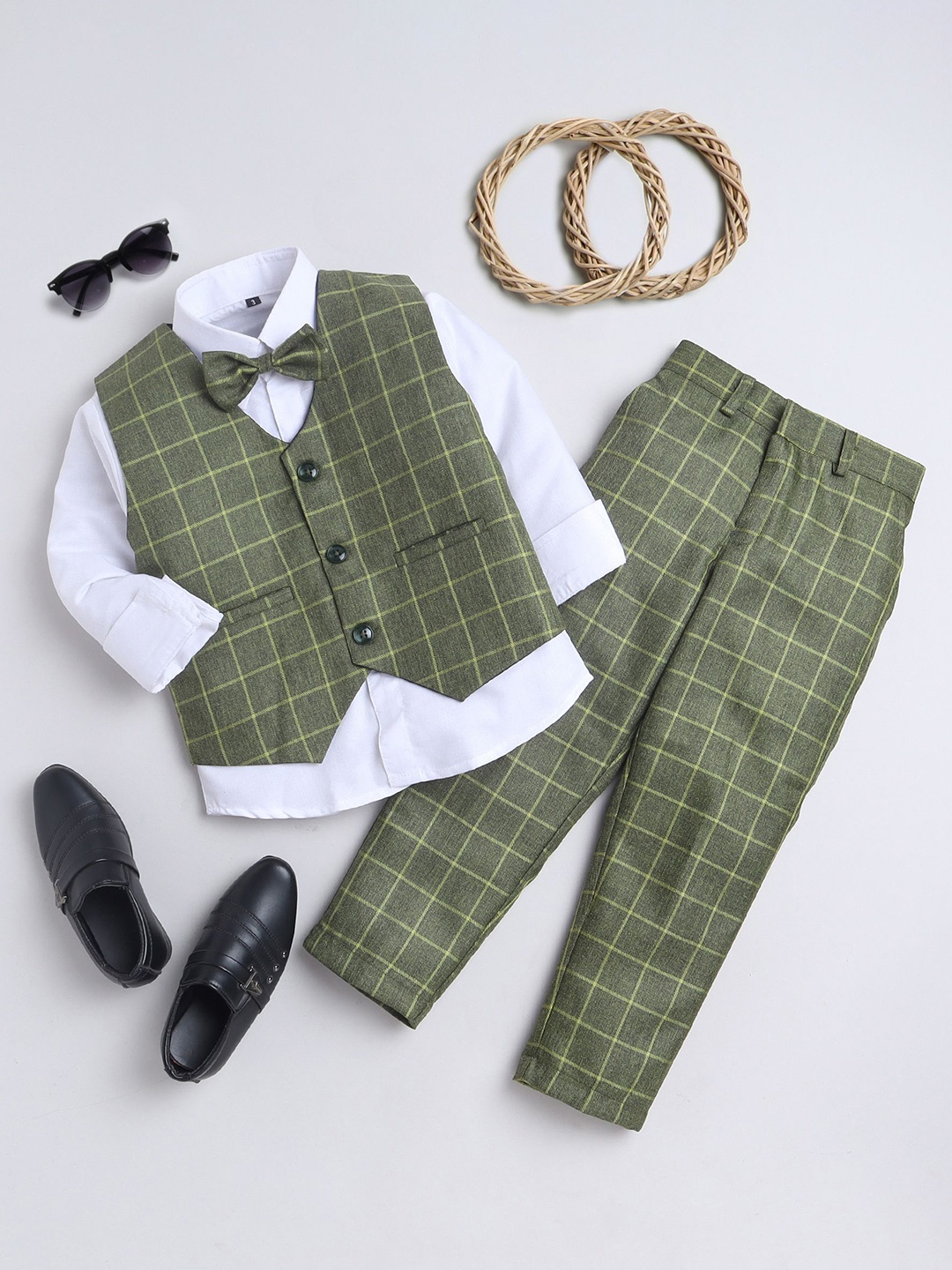 

BAESD Boys Checked Notched Lapel Silk Cotton 3-Piece Party Suit, Green