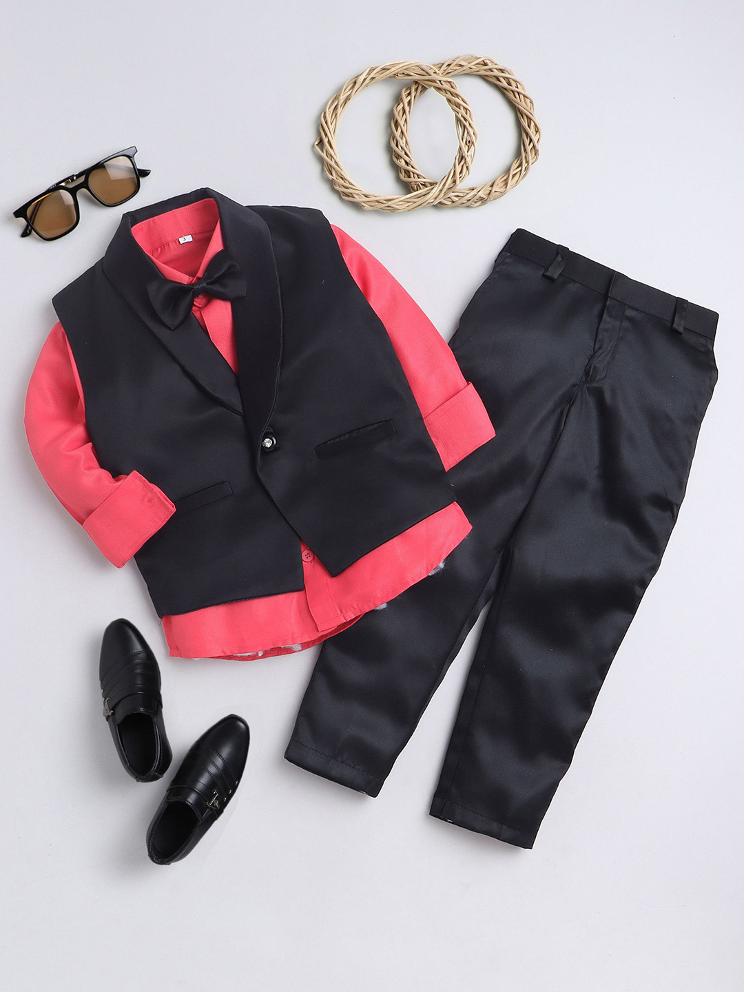 

BAESD Boys Notched Lapel Silk Cotton 3-Piece Party Suit, Black