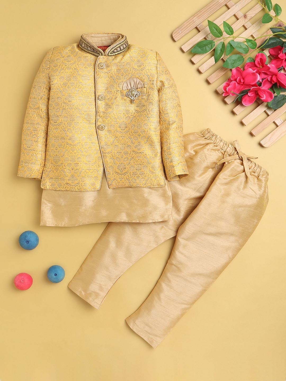 

BAESD Boys Mandarin Collar Long Sleeves Kurta with Pyjamas & Jacket, Yellow
