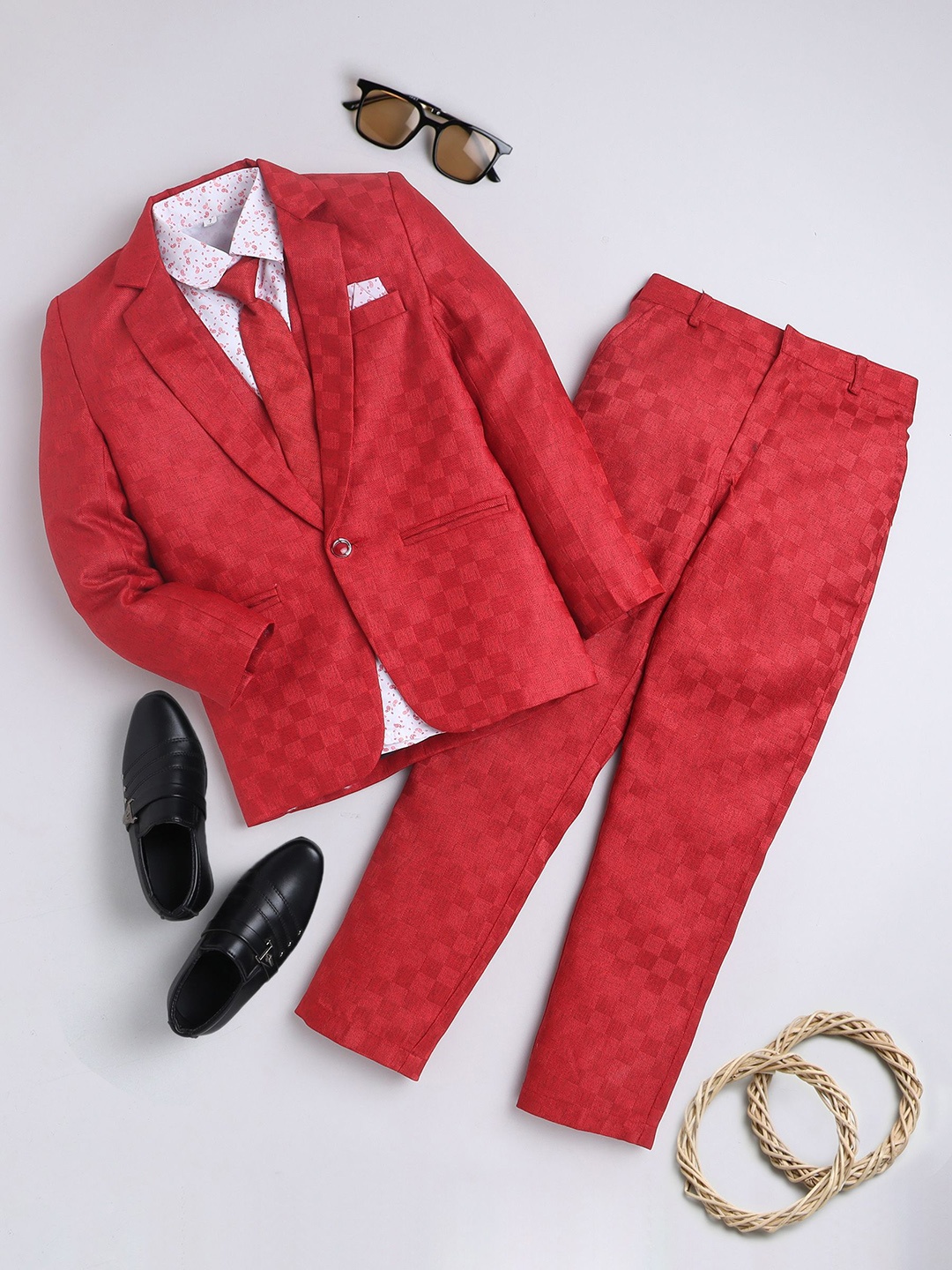 

BAESD Boys Checked Single-Breasted Four-Piece Suit, Red