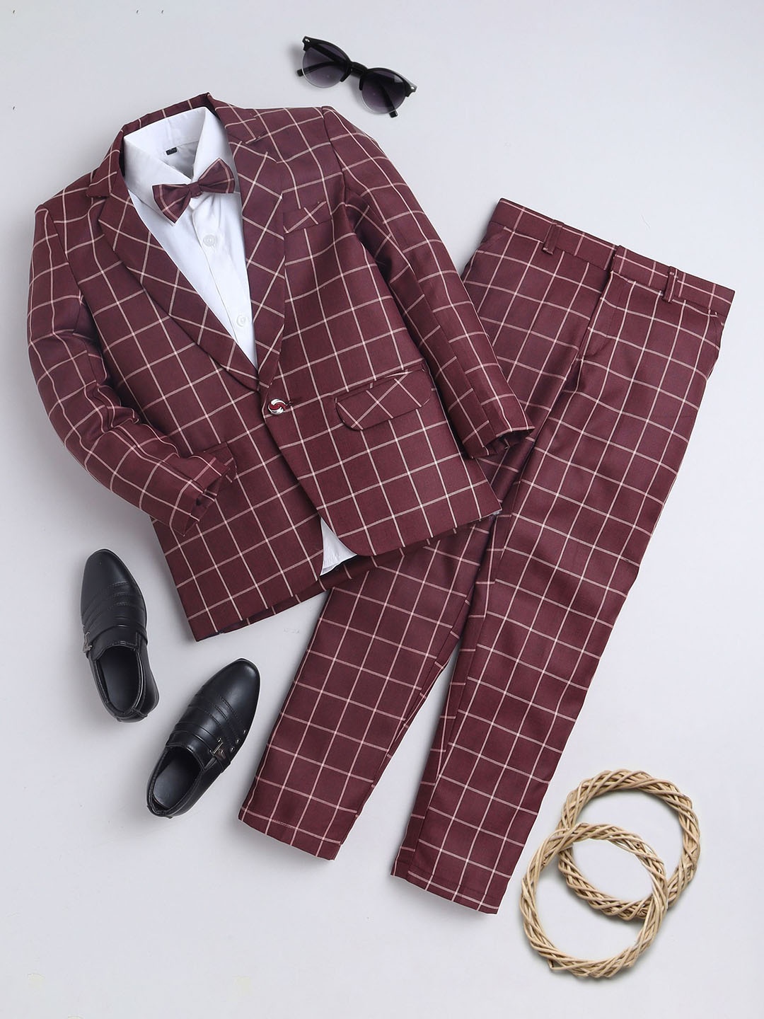 

BAESD Boys Checked Slim-Fit Single-Breasted Three-Piece Suit, Burgundy