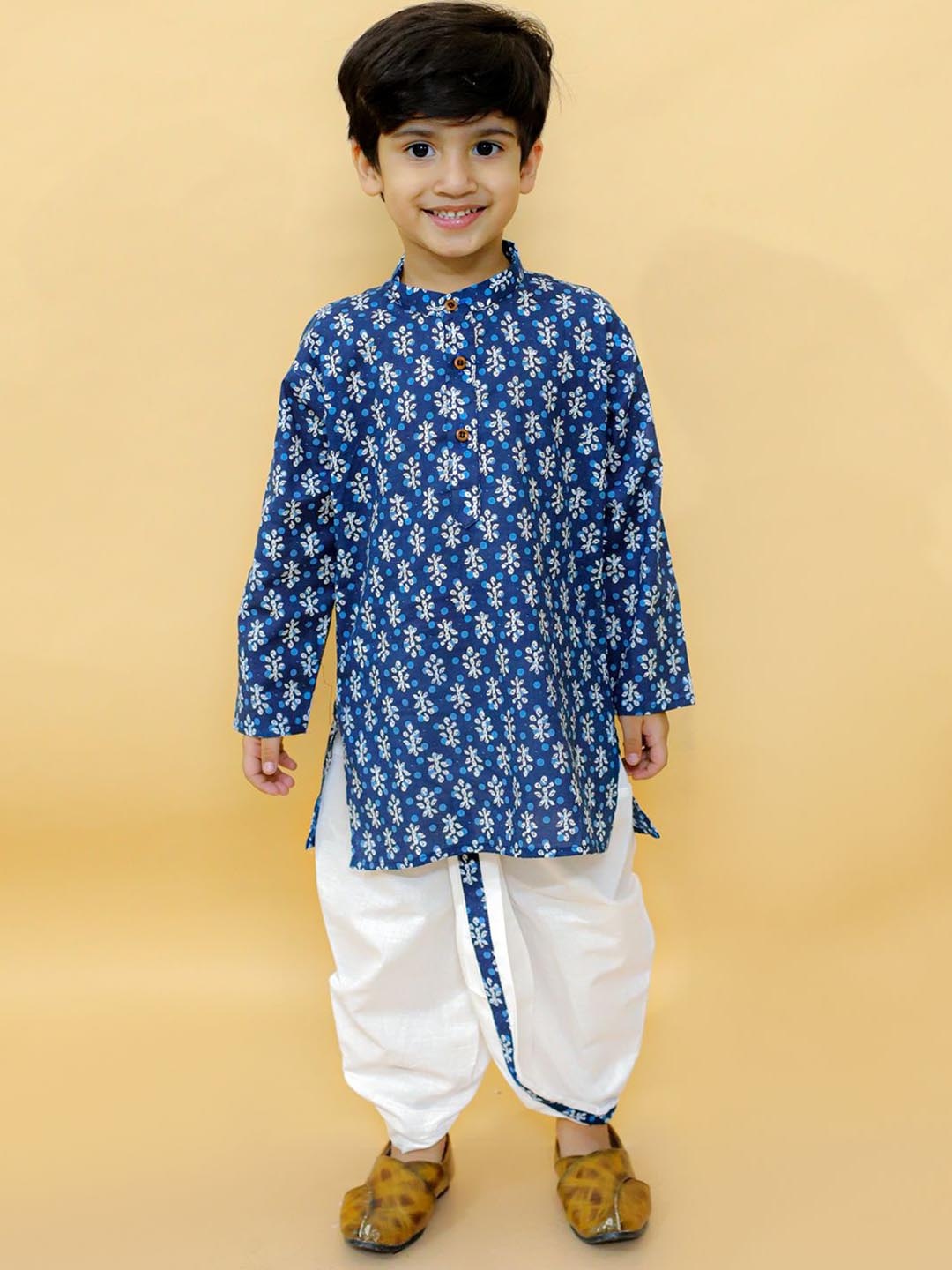 

BAESD Boys Floral Printed Mandarin Collar Pure Cotton Straight Kurta With Dhoti Pants, Blue