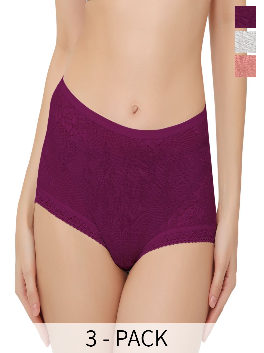 

Bella Voste Pack of 3 Embroidered lace Hipster Briefs PT-463-Beige+ Peach+ White-2XL