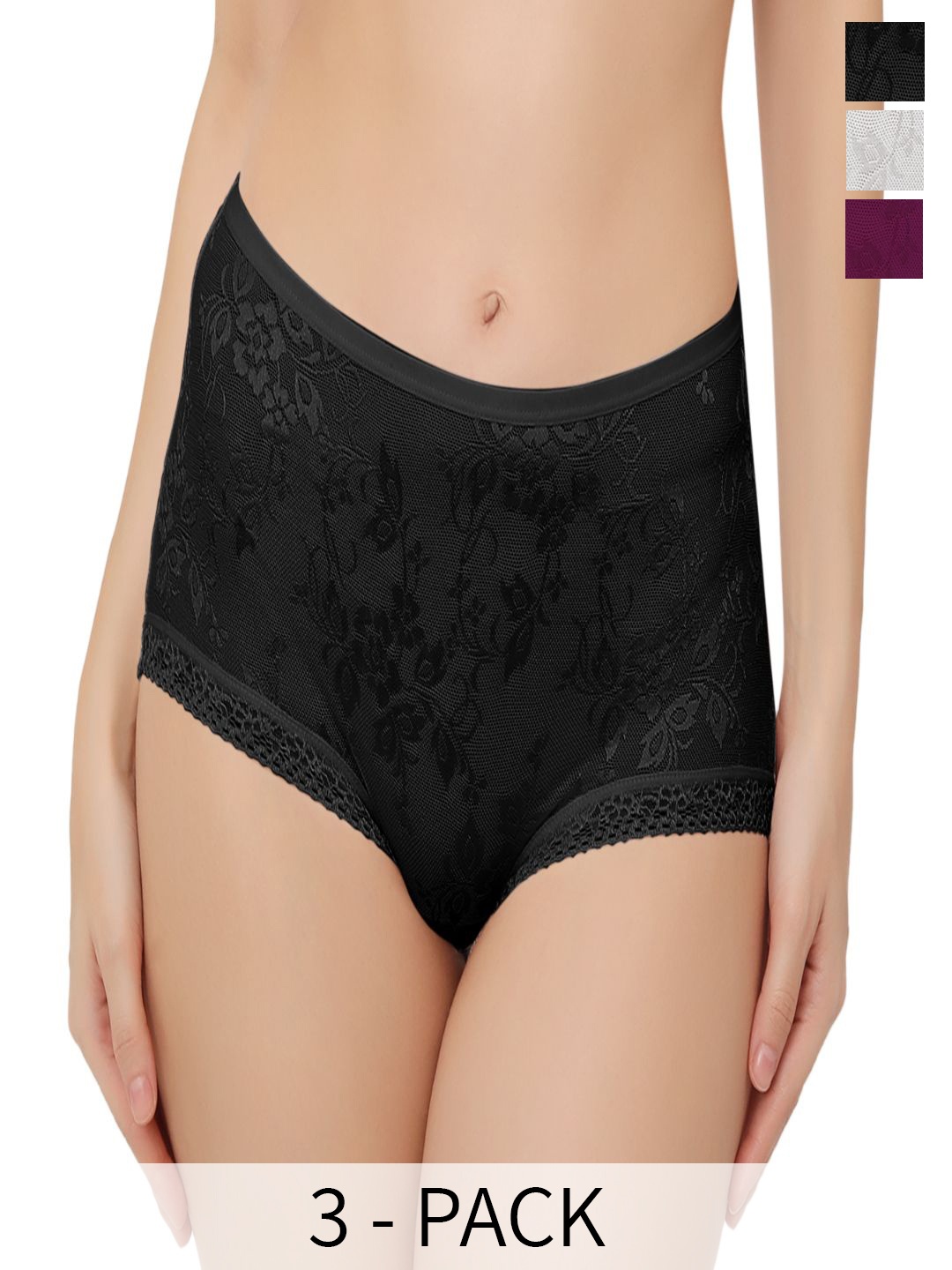 

Bella Voste Pack Of 3 Self-Designed Anti Bacterial Lace Hipster Briefs, Black