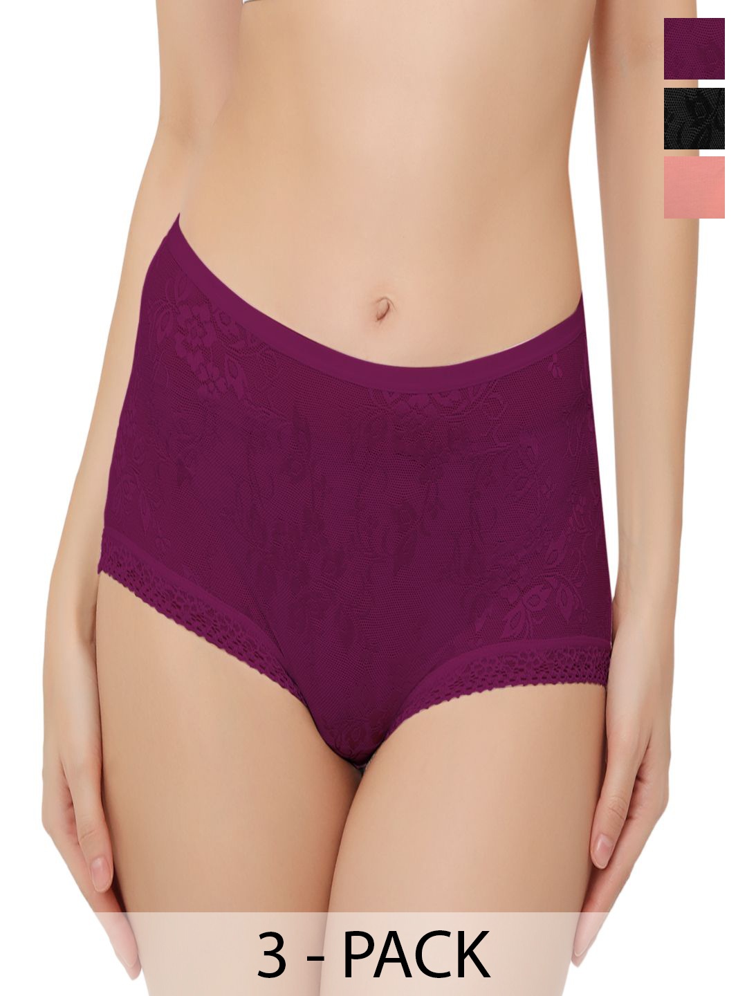 

Bella Voste Pack of 3 Anti Odour Mid Waist Lace Hipster Briefs, Black