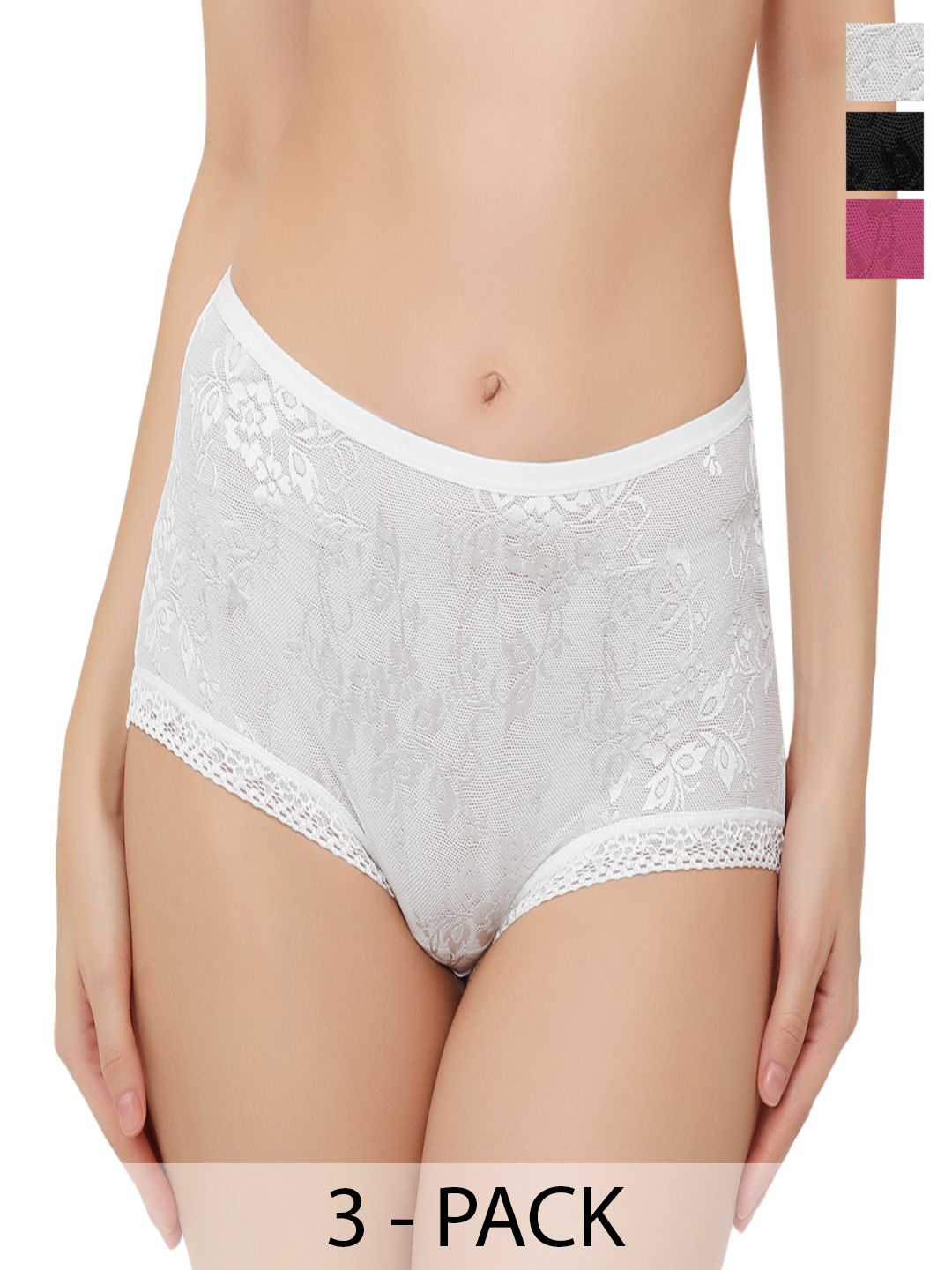 

Bella Voste Pack Of 3 Self-Designed Anti Microbial Lace Hipster Briefs, Black