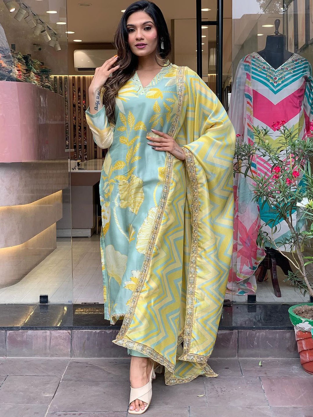 

KALINI Floral Printed Thread Work Straight Kurta With Trousers & Dupatta, Green