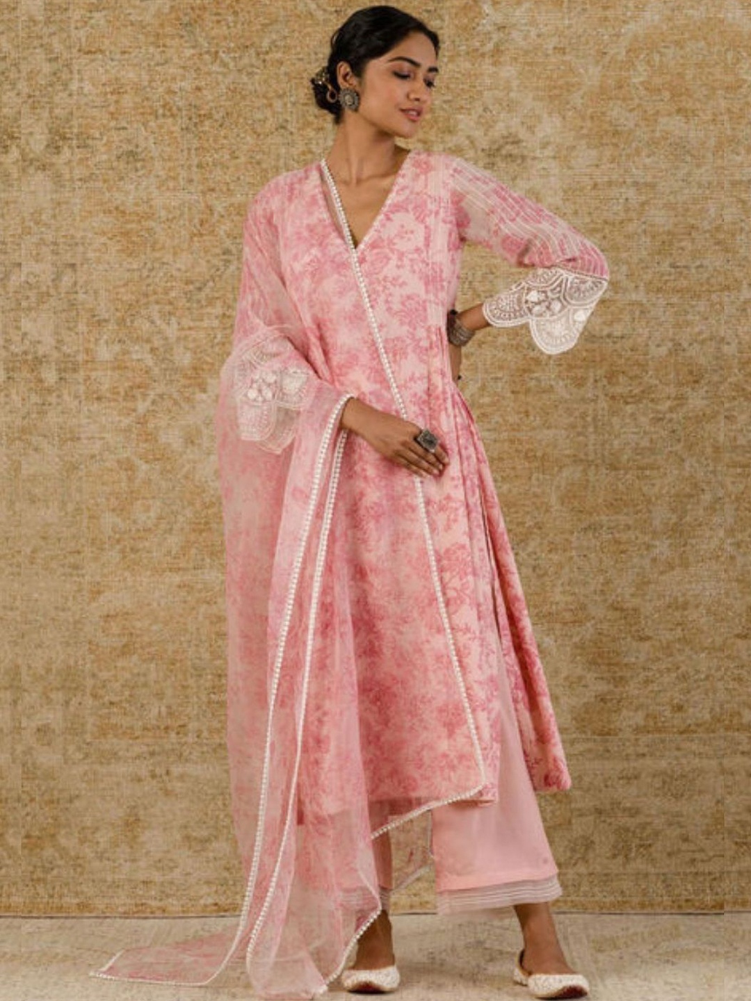 

KALINI Floral Printed V-Neck Straight Kurta with Trousers & Dupatta, Pink