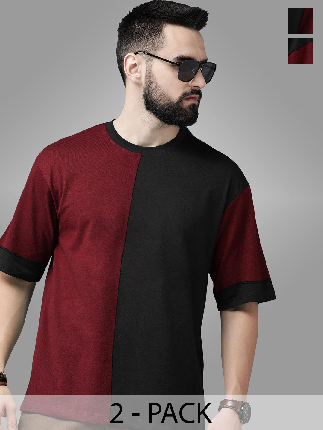 

BAESD Unisex Pack Of 2 Colourblocked Round Neck T-shirts, Maroon