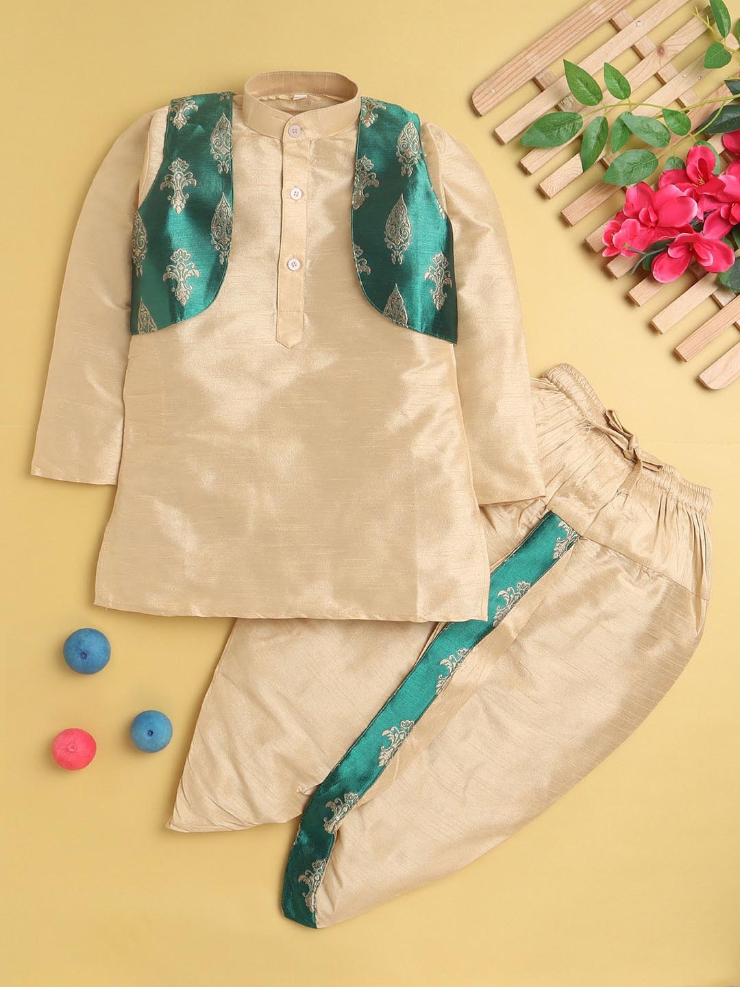 

BAESD Boys Mandarin Collar Straight Kurta With Dhoti Pants & Jacket, Cream
