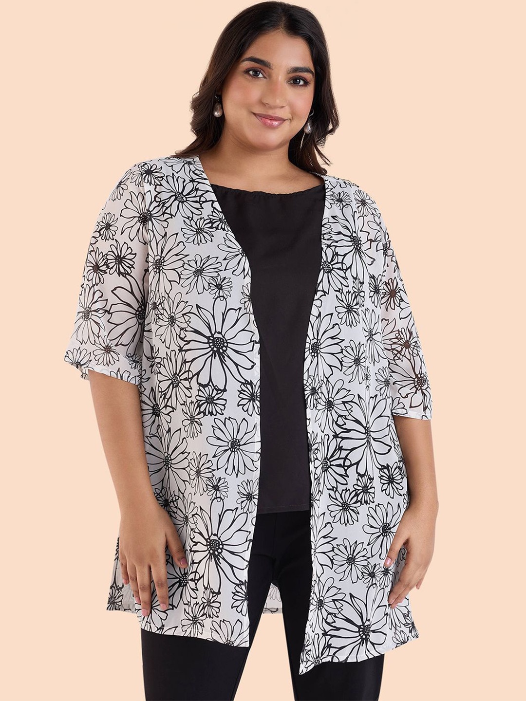 

Big Hello - The Plus Life Printed Longline Open Front Shrug, White