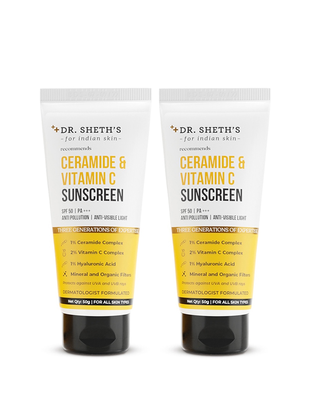 

DR. SHETHS Set of 2 Ceramide & Vitamin C SPF 50+ Sunscreen - 50g each, White