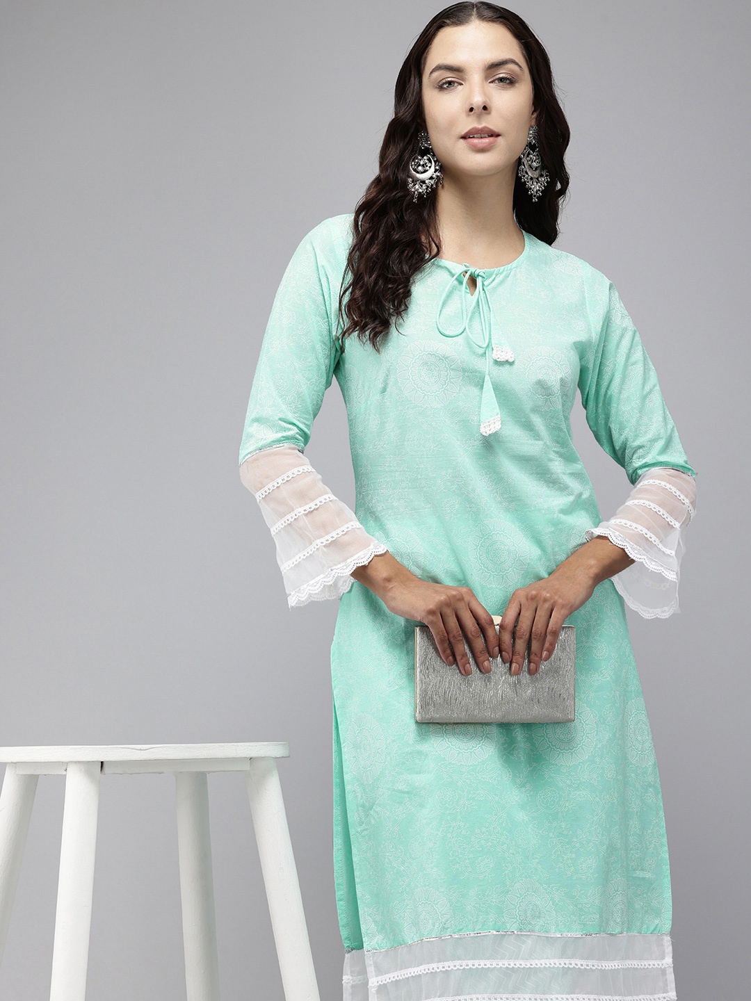 

Vedic Ethnic Motifs Printed Kurta with Trousers, Sea green