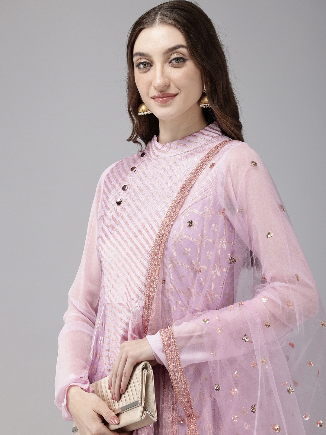 

Vedic Printed Pleated Chanderi Cotton Kurta With Palazzos & Dupatta, Lavender