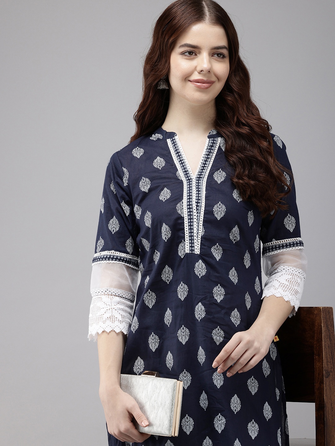 

Vedic Ethnic Motifs Printed Laced Pure Cotton Kurta, Navy blue