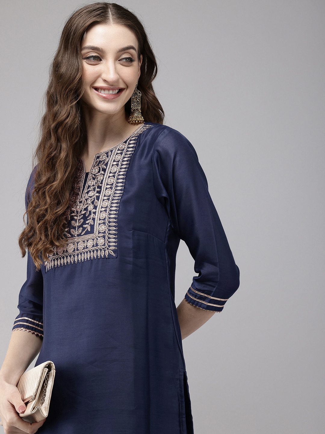 

Vedic Floral Zari Yoke Design Chanderi Cotton Kurta With Trousers, Navy blue