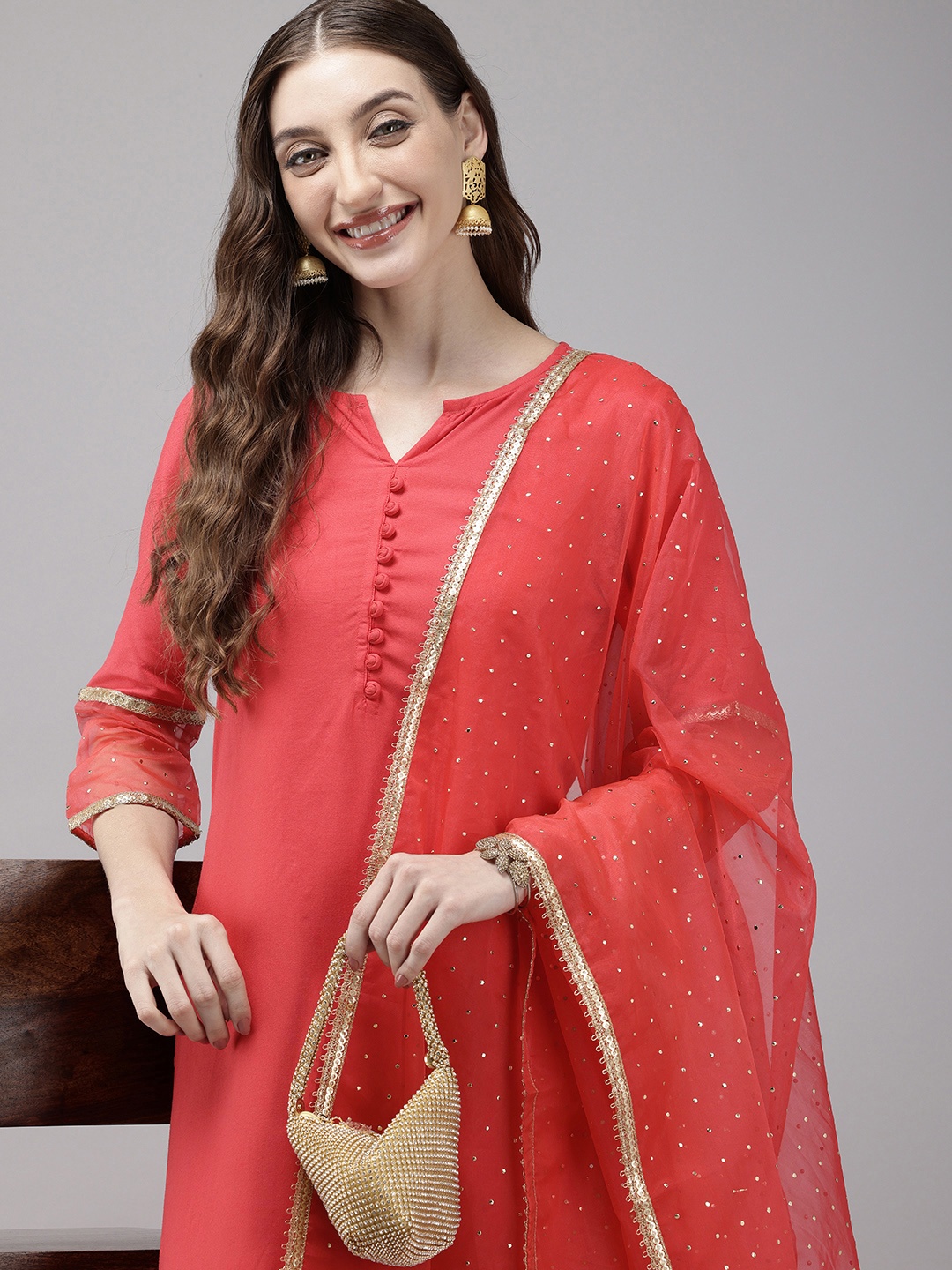 

Vedic Mirror Work Kurta With Palazzos & Dupatta, Pink