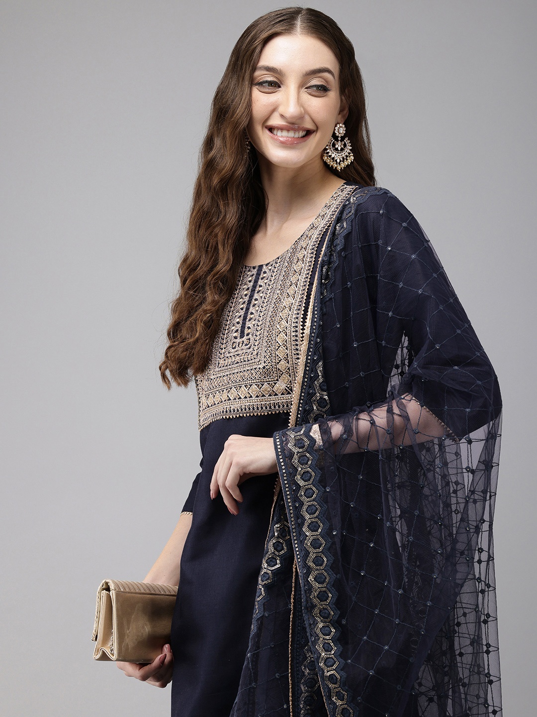 

Vedic Ethnic Motifs Embroidered Sequinned Raw Silk Kurta With Sharara & Dupatta, Navy blue