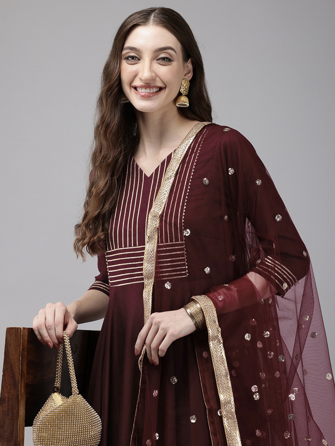 

Vedic Yoke Design Gotta Patti Kurta With Trousers & Dupatta, Burgundy