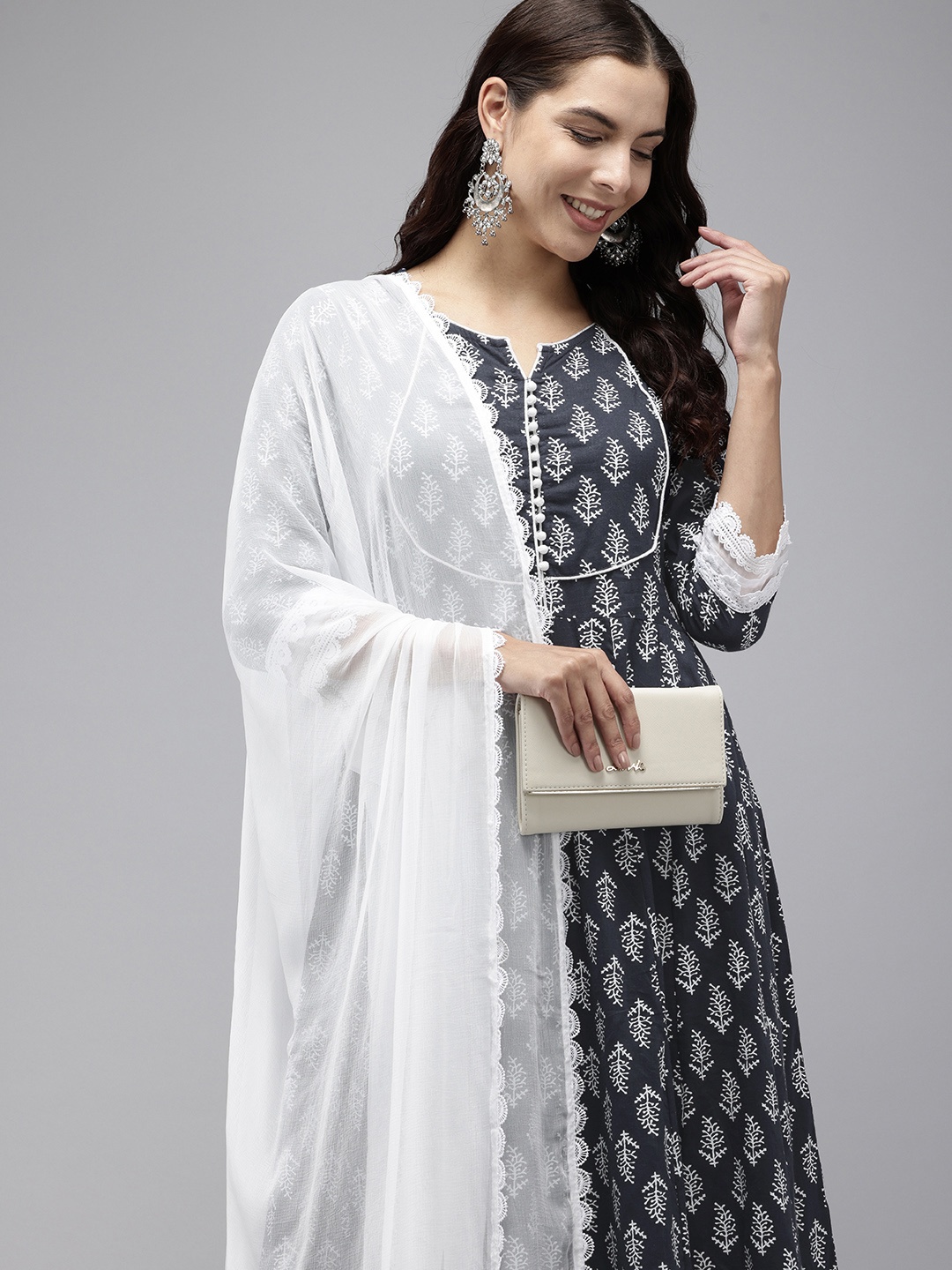 

Vedic Ethnic Motifs Printed Kurta With Leggings & Dupatta, Navy blue