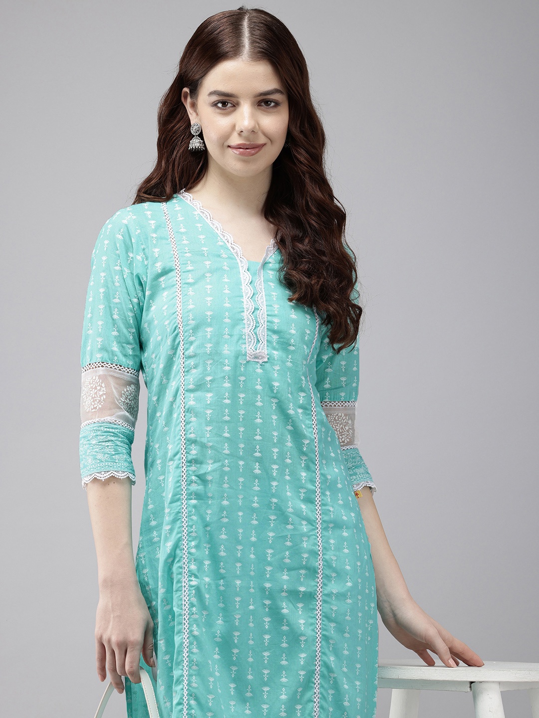 

Vedic Ethnic Motifs Printed Laced Pure Cotton Kurta, Turquoise blue