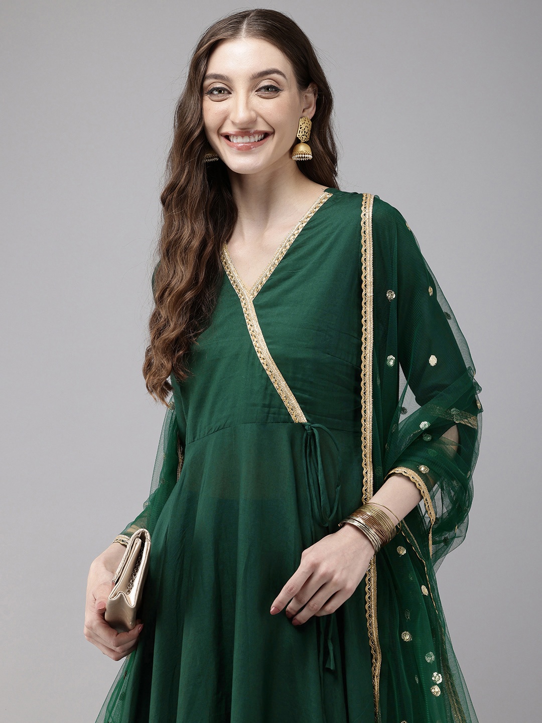 

Vedic Angrakha Gotta Patti Kurta With Trousers & Dupatta, Green