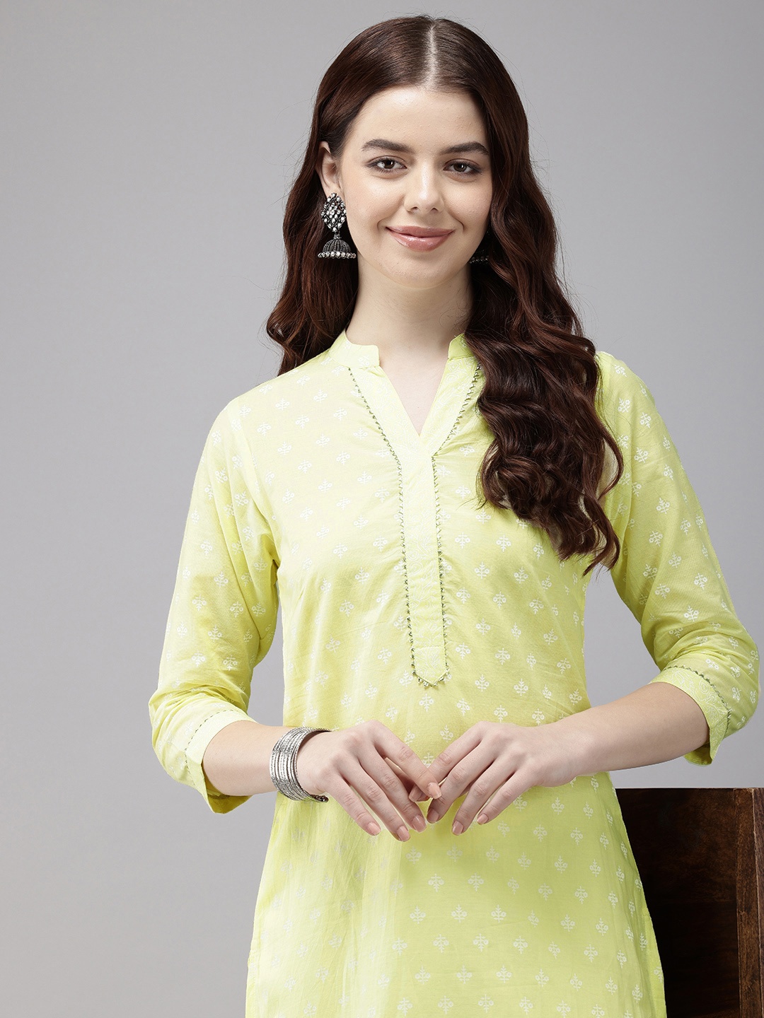 

Vedic Ethnic Motifs Printed Mandarin Collar Gotta Patti Pure Cotton Kurta, Yellow
