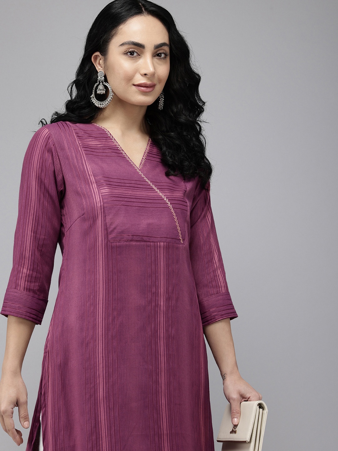 

Vedic Striped Thread Work Pure Cotton Kurta, Magenta