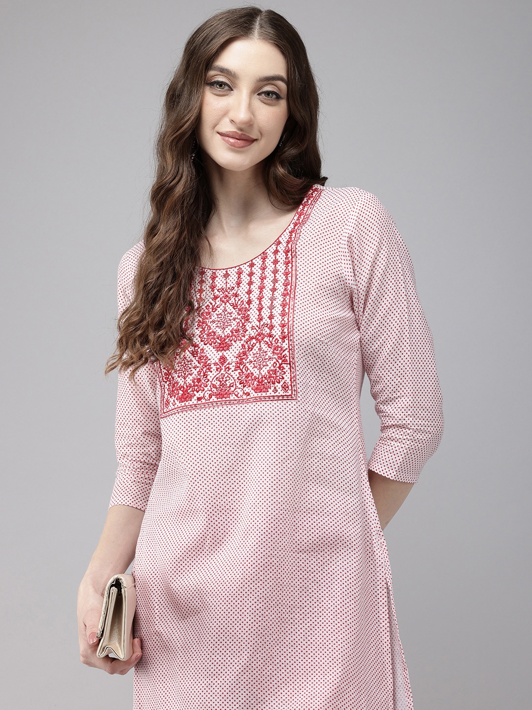 

Vedic Polka Dot Printed Sequinned Pure Cotton Kurta, Red