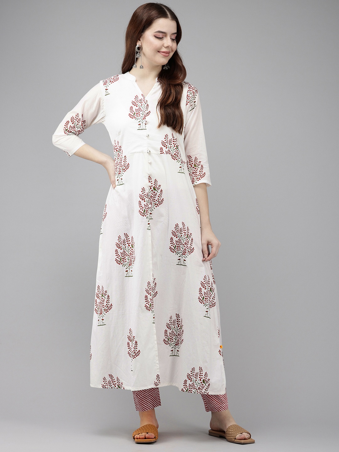 

Vedic Floral Printed Regular Kurta with Trousers, White